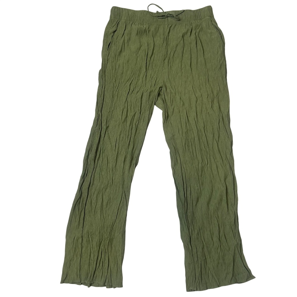 Abercrombie & fitch crinkle textured gauze olive green pull on wide leg pants L - Picture 3 of 8